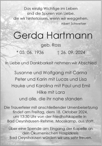 Traueranzeige von Gerda Hartmann von Westfalen Blatt