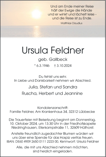 Traueranzeige von Ursula Feldner von Westfalen Blatt
