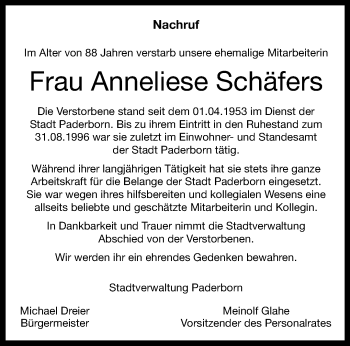 Traueranzeige von Anneliese Schäfers von Westfalen Blatt
