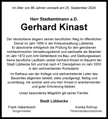 Traueranzeige von Gerhard Kinast von Westfalen Blatt