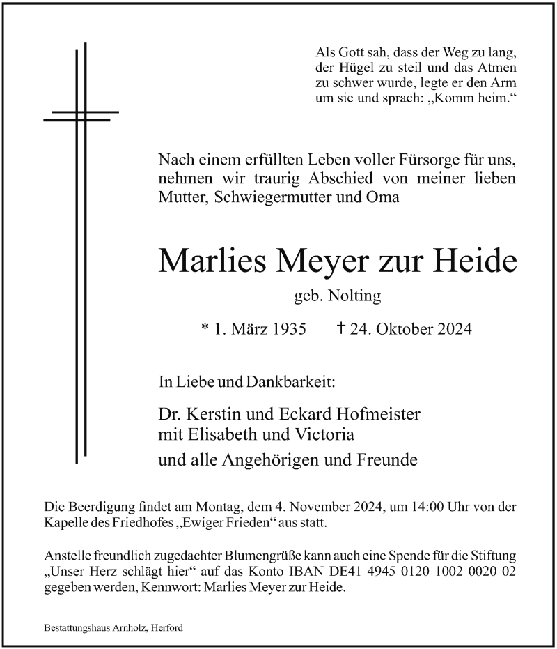 Traueranzeige für Marlies Meyer zur Heide vom 26.10.2024 aus Westfalen Blatt