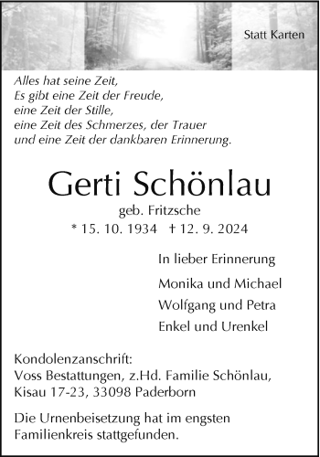 Traueranzeige von Gerti Schönlau von Westfalen Blatt