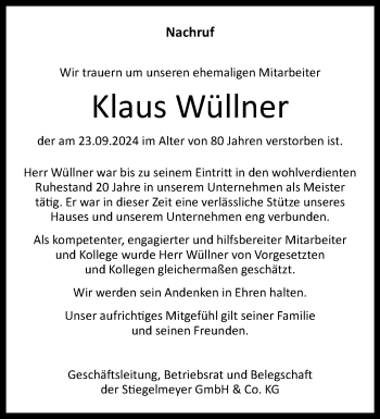 Traueranzeige von Klaus Wüllner von Westfalen Blatt