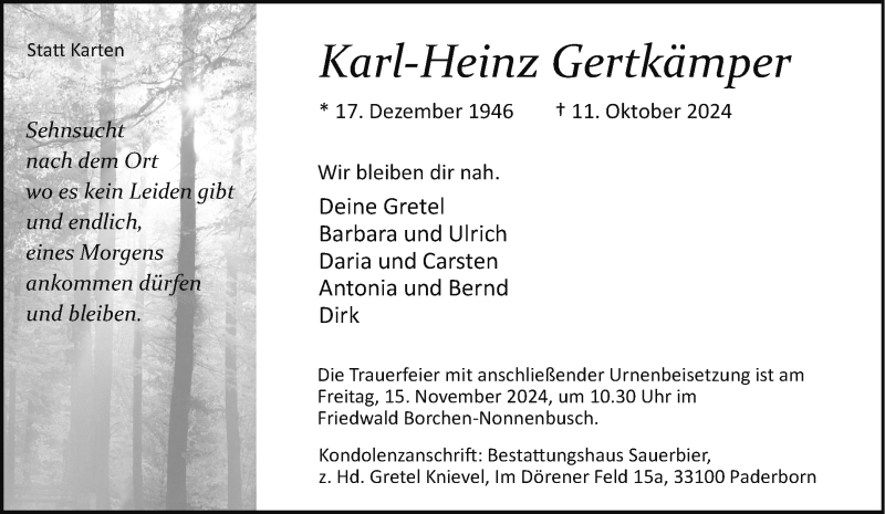  Traueranzeige für Karl-Heinz Gertkämper vom 26.10.2024 aus Westfalen Blatt