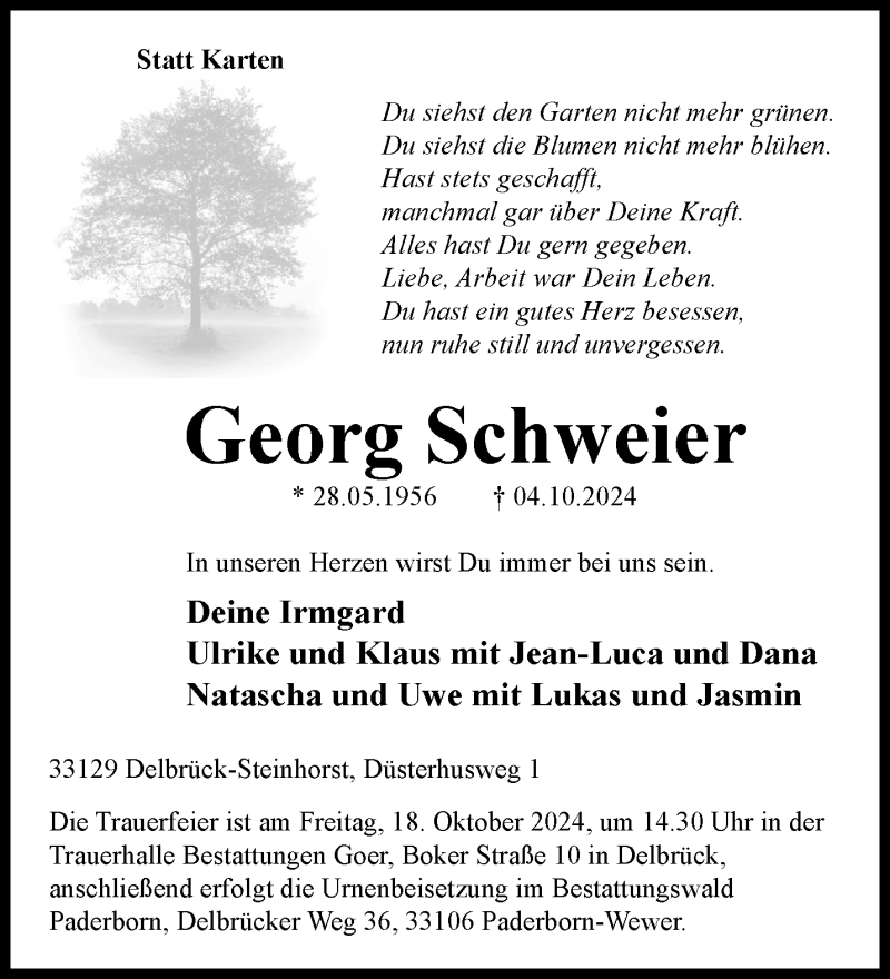  Traueranzeige für Georg Schweier vom 12.10.2024 aus Westfalen Blatt