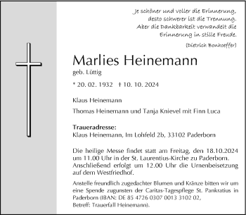 Traueranzeige von Marlies Heinemann von Westfalen Blatt