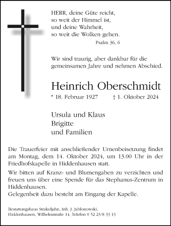 Traueranzeige von Heinrich Oberschmidt von Westfalen Blatt