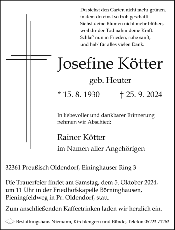 Traueranzeige von Josefine Kötter von Westfalen Blatt