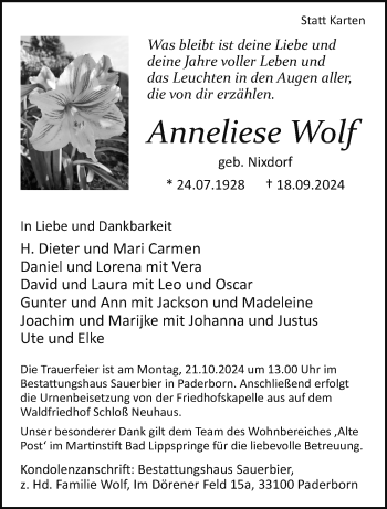 Traueranzeige von Anneliese Wolf von Westfalen Blatt