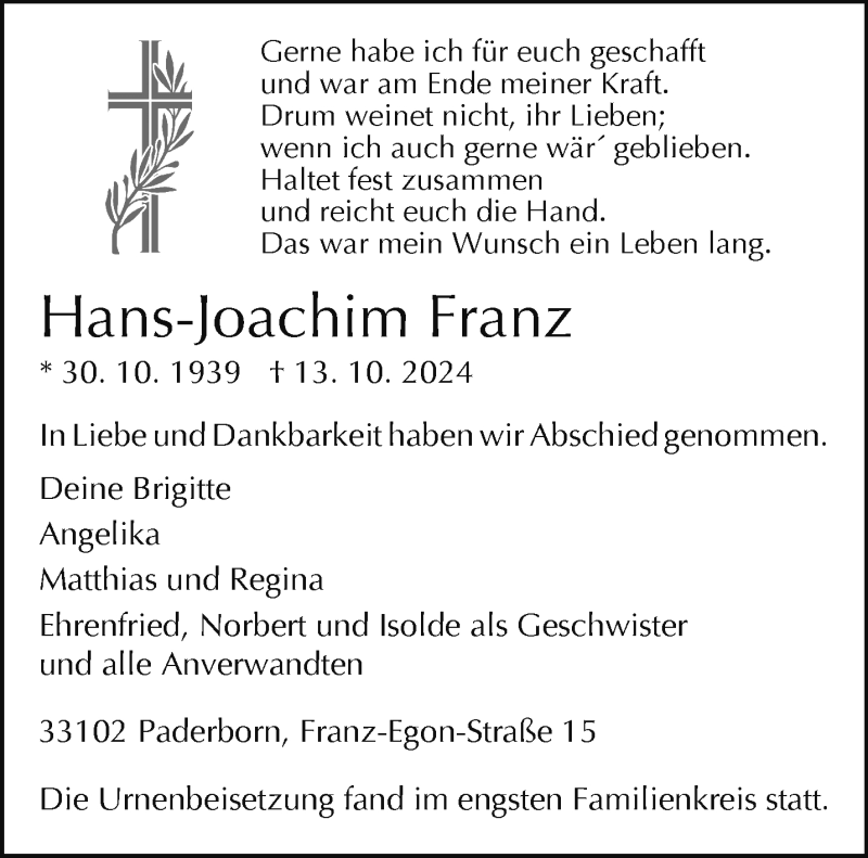  Traueranzeige für Hans-Joachim Franz vom 26.10.2024 aus Westfalen Blatt