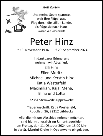 Traueranzeige von Peter Hinz von Westfalen Blatt