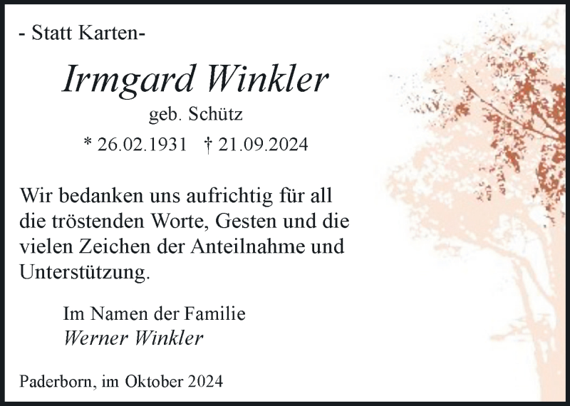  Traueranzeige für Irmgard Winkler vom 26.10.2024 aus Westfalen Blatt