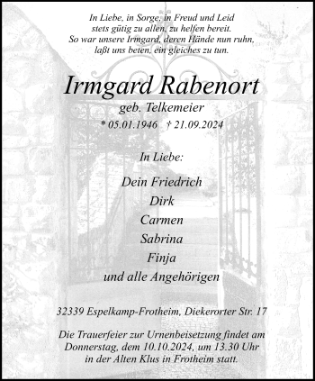 Traueranzeige von Irmgard Rabenort von Westfalen Blatt