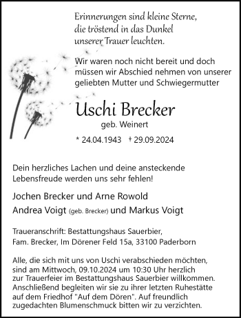 Traueranzeige von Uschi Brecker von Westfalen Blatt