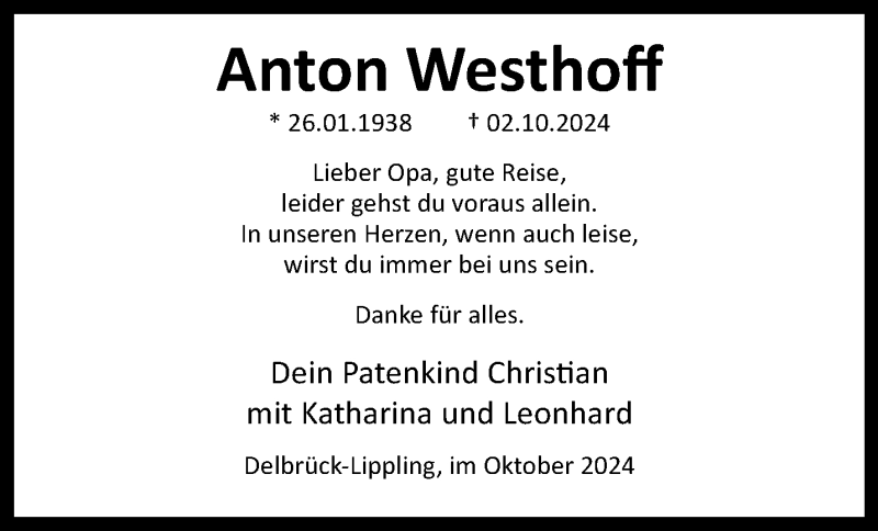  Traueranzeige für Anton Westhoff vom 05.10.2024 aus Westfalen Blatt