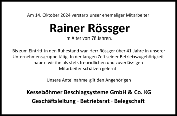 Traueranzeige von Rainer Rössger von Westfalen Blatt