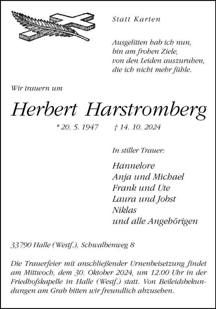  Traueranzeige für Herbert Harstromberg vom 26.10.2024 aus Westfalen Blatt