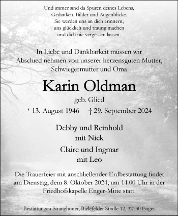 Traueranzeige von Karin Oldman von Westfalen Blatt