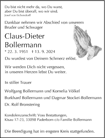 Traueranzeige von Claus-Dieter Bollermann von Westfalen Blatt