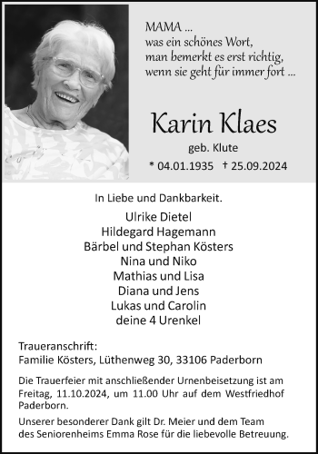 Traueranzeige von Karin Klaes von Westfalen Blatt