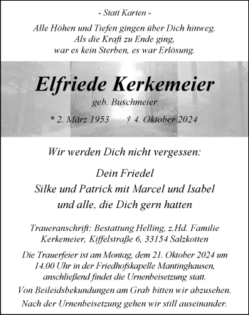 Traueranzeige von Elfriede Kerkemeier von Westfalen Blatt