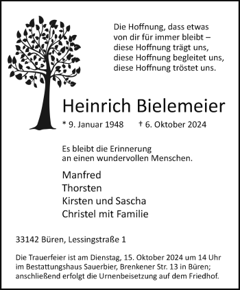 Traueranzeige von Heinrich Bielemeier von Westfalen Blatt