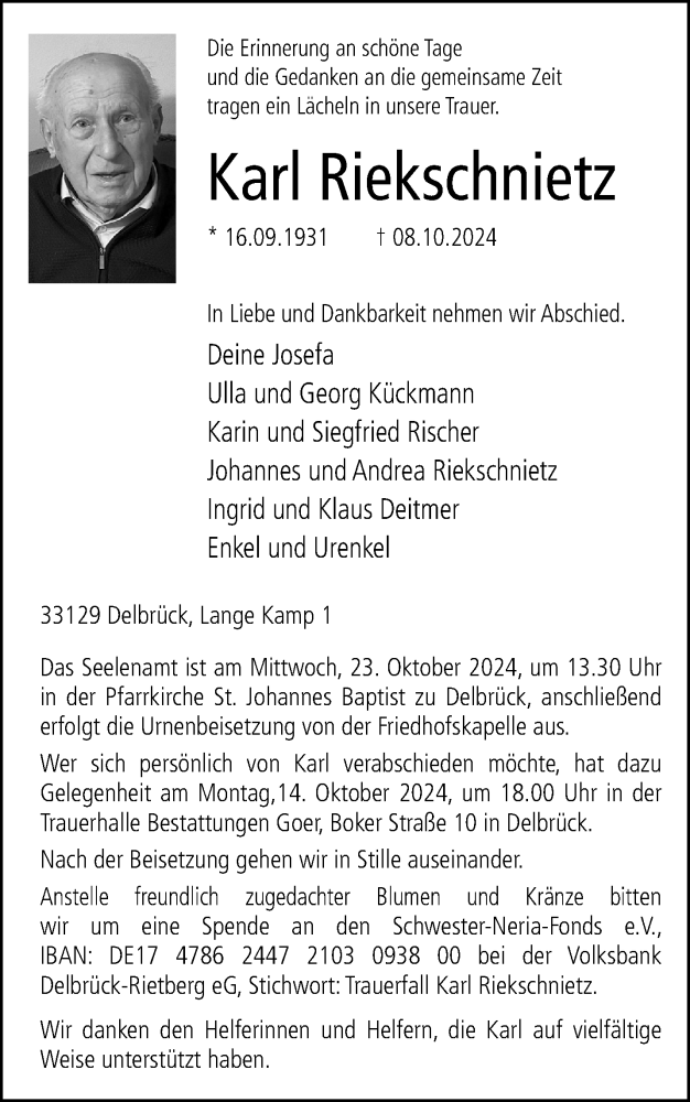  Traueranzeige für Karl Riekschnietz vom 12.10.2024 aus Westfalen Blatt