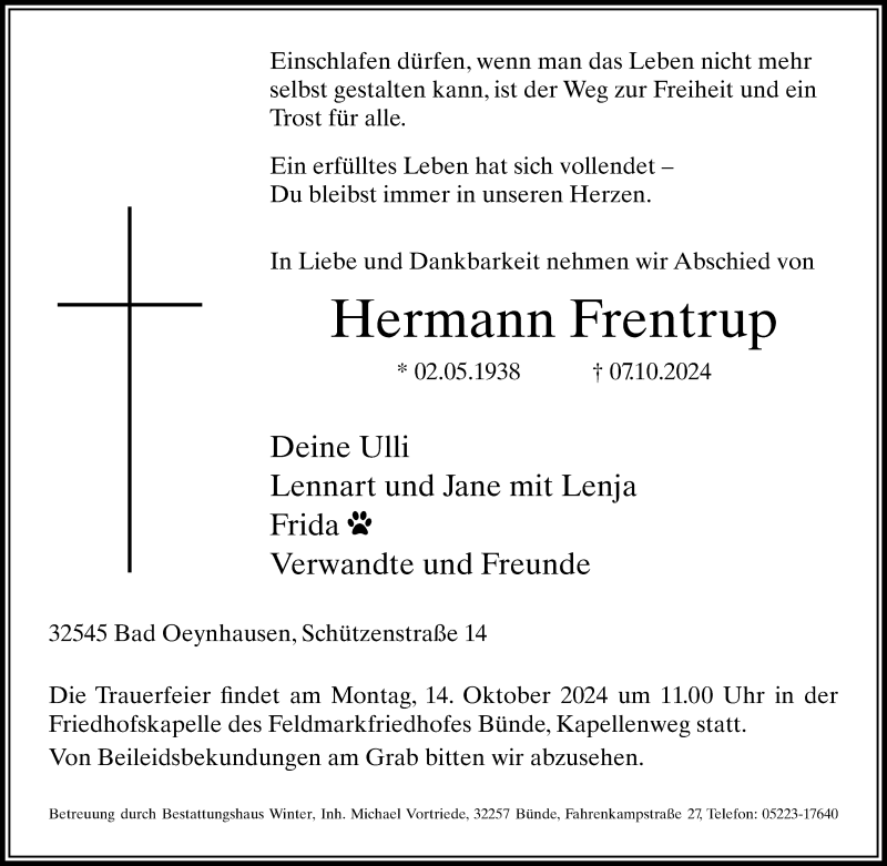  Traueranzeige für Hermann Frentrup vom 12.10.2024 aus Westfalen Blatt