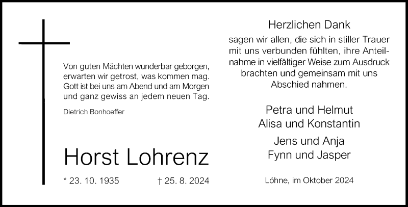  Traueranzeige für Horst Lohrenz vom 12.10.2024 aus Westfalen Blatt