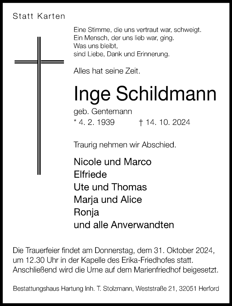  Traueranzeige für Inge Schildmann vom 26.10.2024 aus Westfalen Blatt