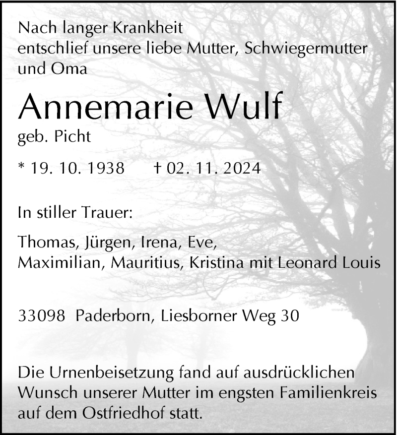  Traueranzeige für Annemarie Wulf vom 14.11.2024 aus Westfalen Blatt