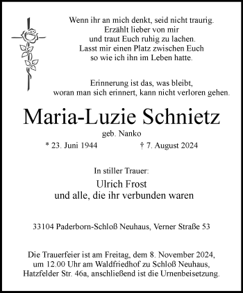 Traueranzeige von Maria-Luzie Schnietz von Westfalen Blatt