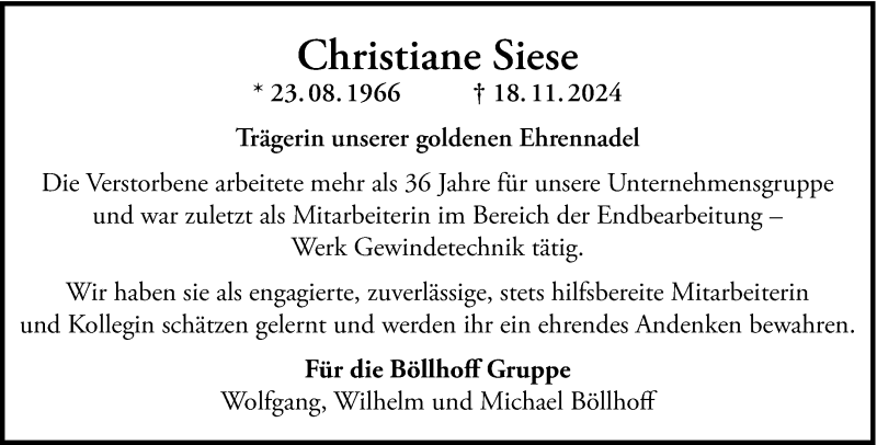 Traueranzeige für Christiane Siese vom 30.11.2024 aus Westfalen Blatt