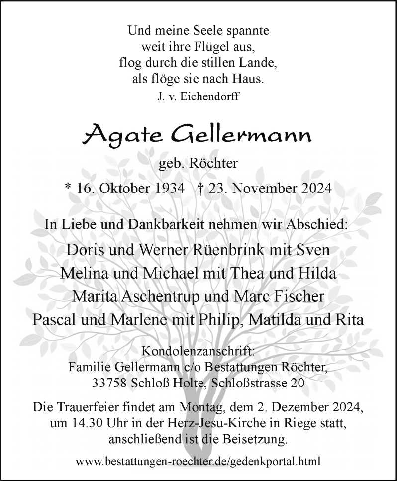  Traueranzeige für Agate Gellermann vom 26.11.2024 aus Westfalen Blatt