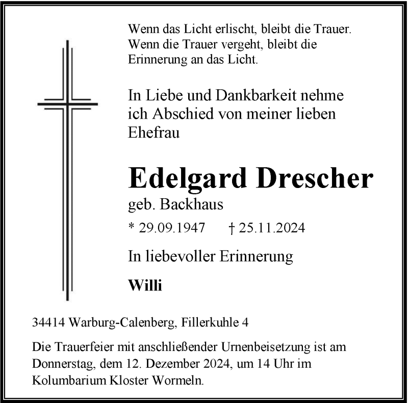  Traueranzeige für Edelgard Drescher vom 30.11.2024 aus Westfalen Blatt