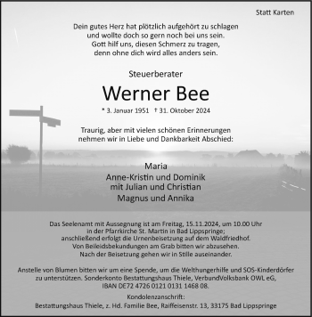 Traueranzeige von Werner Bee von Westfalen Blatt