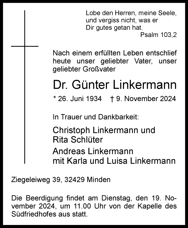  Traueranzeige für Dr. Günter Linkermann vom 14.11.2024 aus Westfalen Blatt
