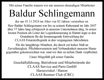 Traueranzeige von Baldur Schlingemann von Westfalen Blatt