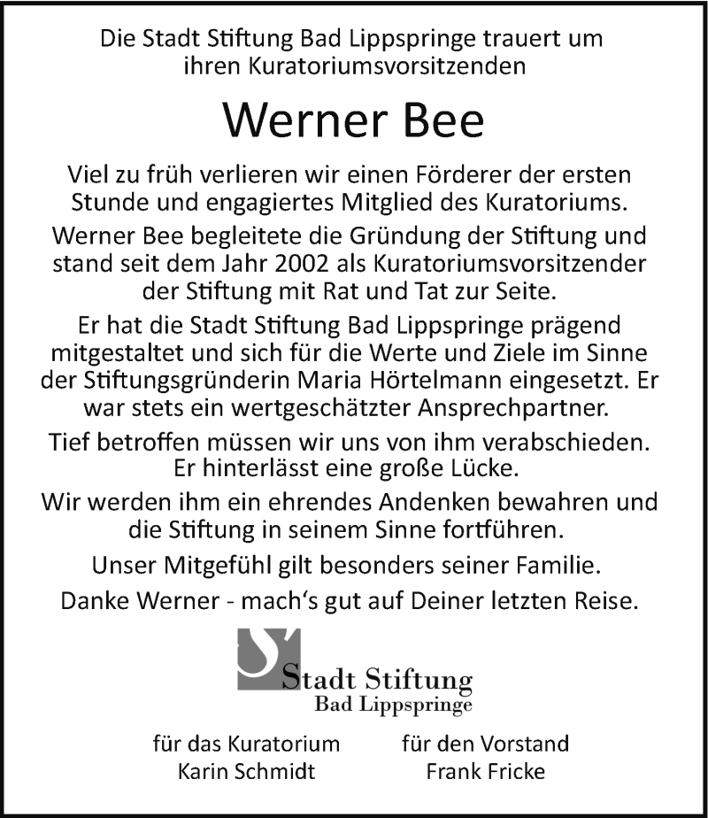  Traueranzeige für Werner Bee vom 09.11.2024 aus Westfalen Blatt