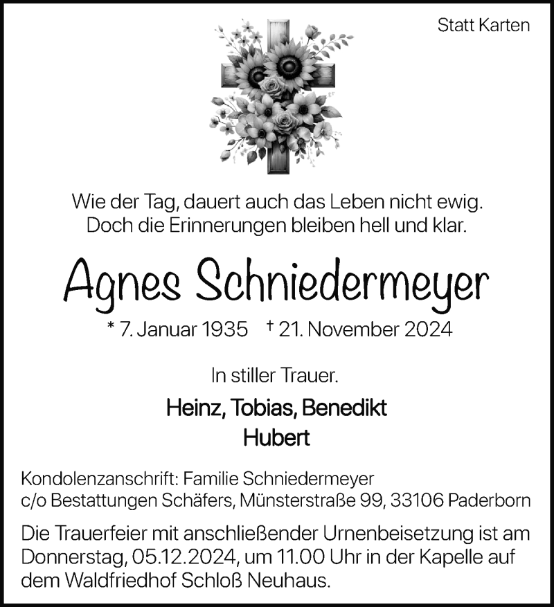  Traueranzeige für Agnes Schniedermeyer vom 30.11.2024 aus Westfalen Blatt