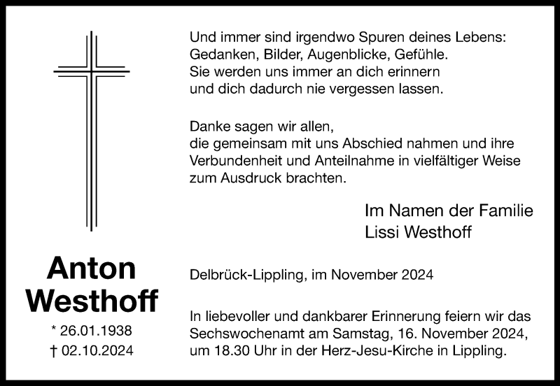  Traueranzeige für Anton Westhoff vom 09.11.2024 aus Westfalen Blatt