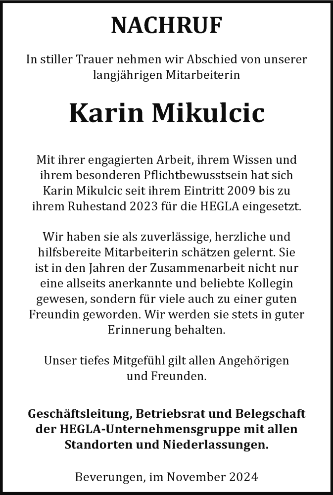  Traueranzeige für Karin Mikulcic vom 09.11.2024 aus Westfalen Blatt