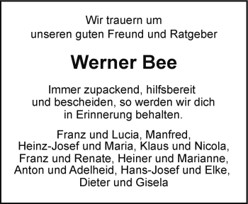 Traueranzeige von Werner Bee von Westfalen Blatt