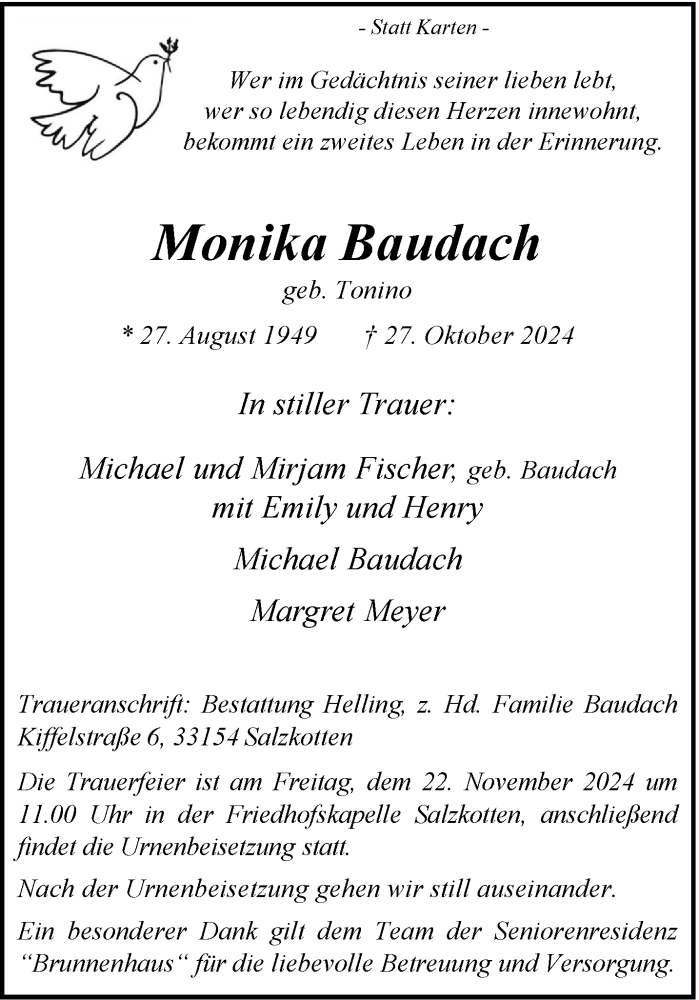  Traueranzeige für Monika Baudach vom 16.11.2024 aus Westfalen Blatt