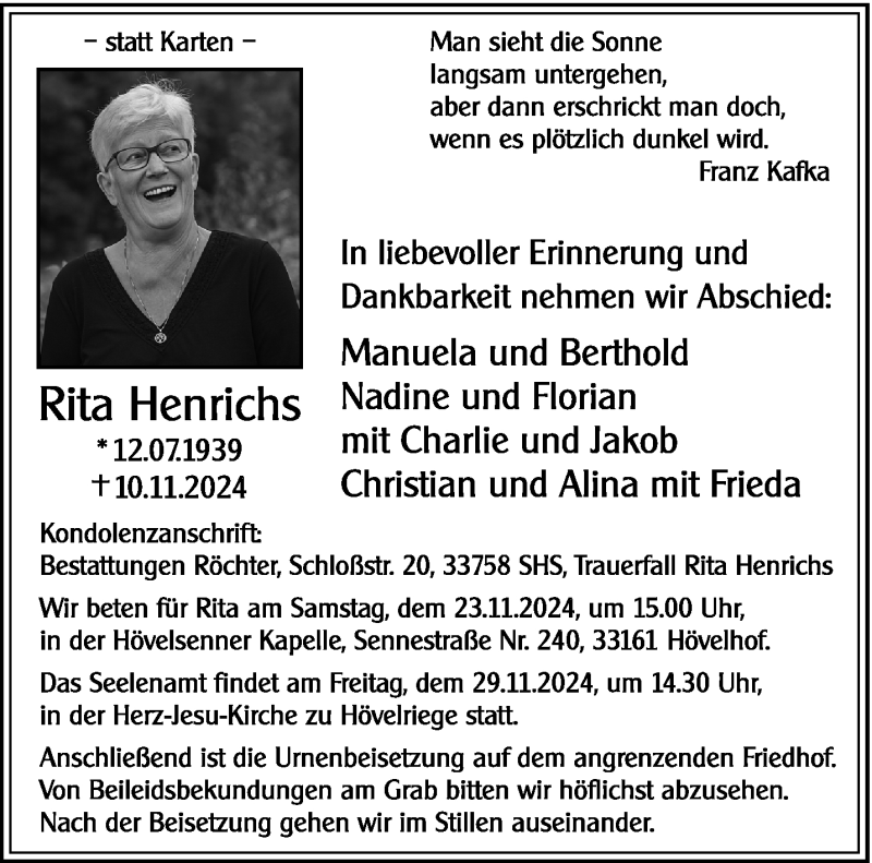  Traueranzeige für Rita Henrichs vom 16.11.2024 aus Westfalen Blatt