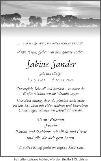 Traueranzeige von Sabine Sander von Westfalen Blatt