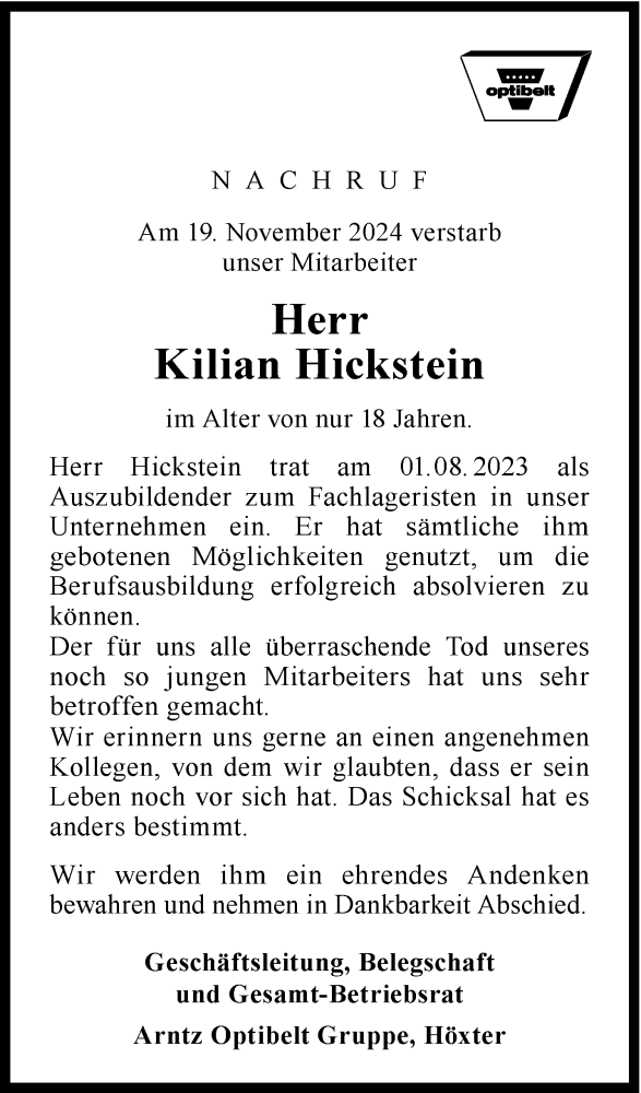  Traueranzeige für Kilian Hickstein vom 22.11.2024 aus Westfalen Blatt