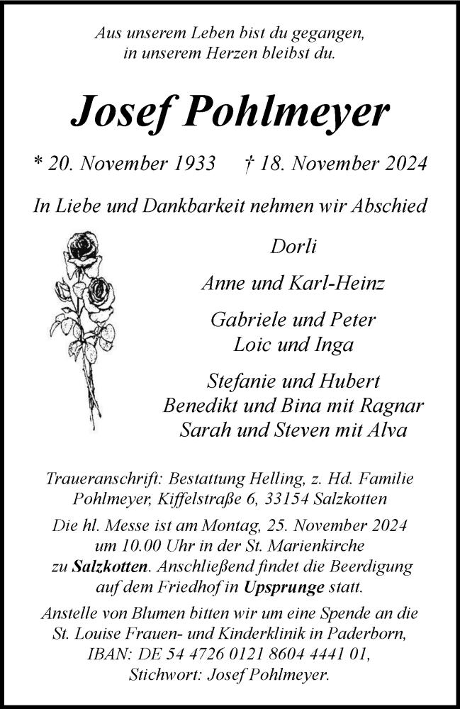 Traueranzeige für Josef Pohlmeyer vom 20.11.2024 aus Westfalen Blatt