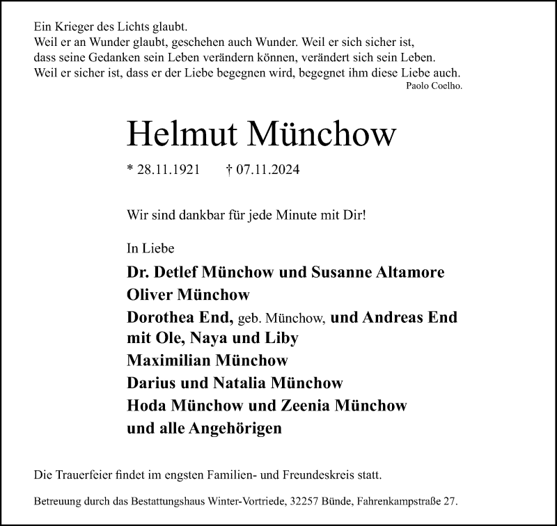  Traueranzeige für Helmut Münchow vom 16.11.2024 aus Westfalen Blatt