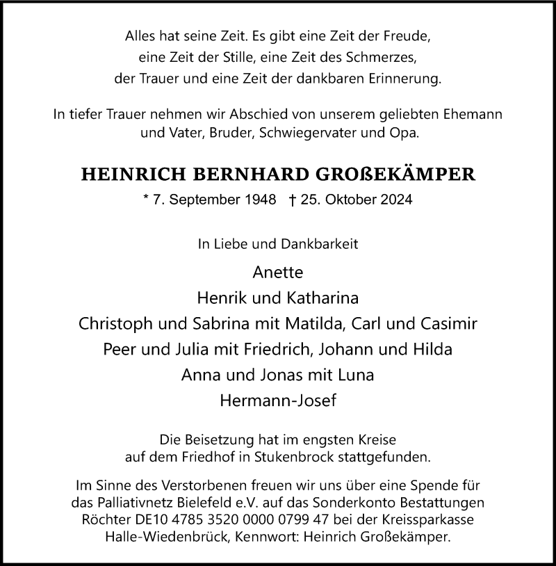  Traueranzeige für Heinrich Bernhard Großekämper vom 04.11.2024 aus Westfalen Blatt